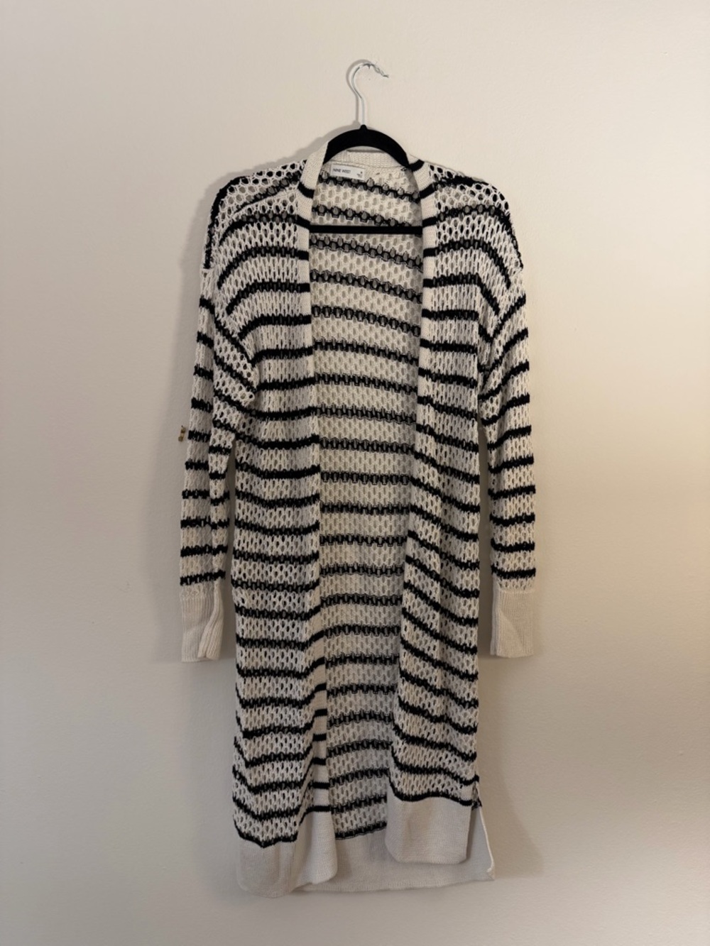 Striped Open-Front Long Cardigan Sweater - White/Black